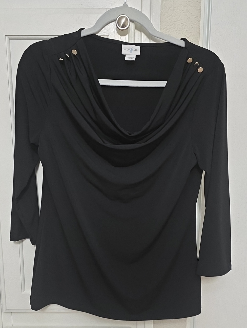 Jaclyn Smith Black Draped Cowl Neck Top with Gold Shoulder Studs